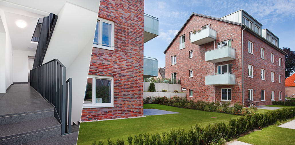 Treppenhaus und Gartenansicht der Mehrfamilienhäuser am Kirchwerder Elbdeich mit 20 Wohnungen